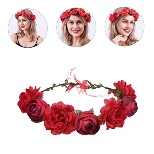 EXQUIMEUBLE Künstlicher Rosenblumen Haarreif Damen Blumenkranz Haarschmuck Hochzeit Braut Haarkranz Festlich Rot von EXQUIMEUBLE