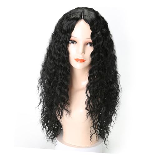EXQUIMEUBLE Lockige Perücke Schwarz Lang Flauschige Faserperücke Mit Mittelscheitel Lange Lockige Perücke Für Damen Aus Hitzebeständigem Material von EXQUIMEUBLE