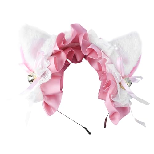 EXQUIMEUBLE Plüsch Katzenohren Haarband mit Spitzen Schleife und Glöckchen Leichtes Bequemes Damen Stirnband für Cosplay Party und Alltag Verstellbar und Langlebig Modisches Accessoire von EXQUIMEUBLE