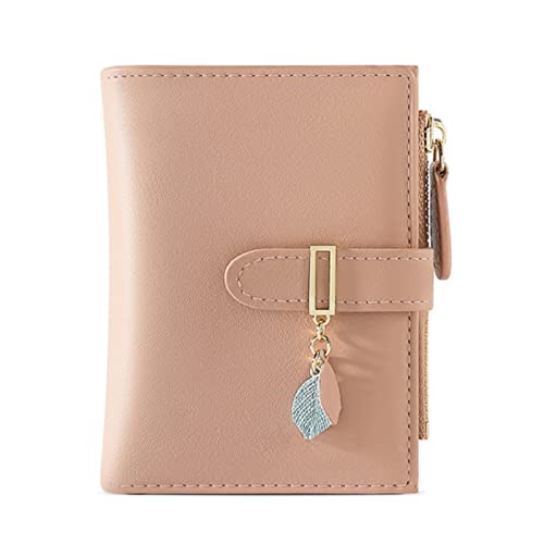 Damen Geldbeutel Blatt Anhänger PU Leder Geldbörse Damen klein und im Kurzformat Portemonnaie Kleine Brieftasche Geldbörse Für Frauen (pink) von EXQULEG