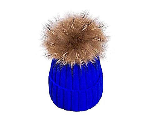 EXQULEG Warm Mütze, Echtfellbommel Pudelmütze,Winter-Mütze Bommelmütze Pelzbommel Waschbär Raccoon Pelz (Blau) von EXQULEG