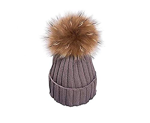 EXQULEG Warm Mütze, Echtfellbommel Pudelmütze,Winter-Mütze Bommelmütze Pelzbommel Waschbär Raccoon Pelz (Dunkelgrau) von EXQULEG