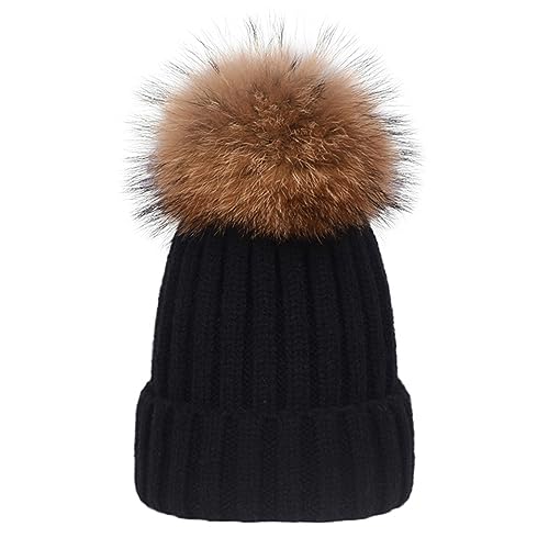 EXQULEG Warm Mütze, Echtfellbommel Pudelmütze,Winter-Mütze Bommelmütze Pelzbommel Waschbär Raccoon Pelz (Schwarz)… von EXQULEG