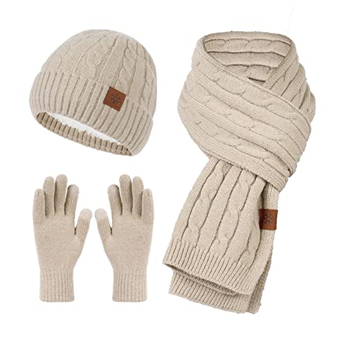 EXQULEG Winter Mütze, Schal & Handschuh Sets 3 in 1 Warmes Beanie Mütze, Unisex Beanie Strickmütze Wintermütze für Damen und Herren (Hellbraun) von EXQULEG