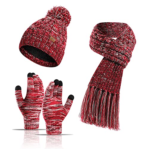 EXQULEG Winter Mütze, Schal & Touchscreen Handschuh-Sets Warme Beanie Mütze Wintermütze Strickmütze für Damen und Herren (Rot) von EXQULEG