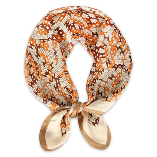 EXTREE Modisches, seidiges Satin-Kopftuch für Damen und Mädchen: Exquisites Muster, leichte Seide, anmutige Schals 69,8 x 69,8 cm, Genähte Buchstaben, braun, 1 von EXTREE