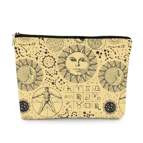 EXUQO Kleine Make-up-Tasche mit Tarot-Muster, Sonne, Mond, Geschenk für Teenager, Mädchen, Frauen, Tarot-Liebhaber, Reise-Kulturbeutel, Kosmetiktasche, Hexengeschenk für Frauen von EXUQO