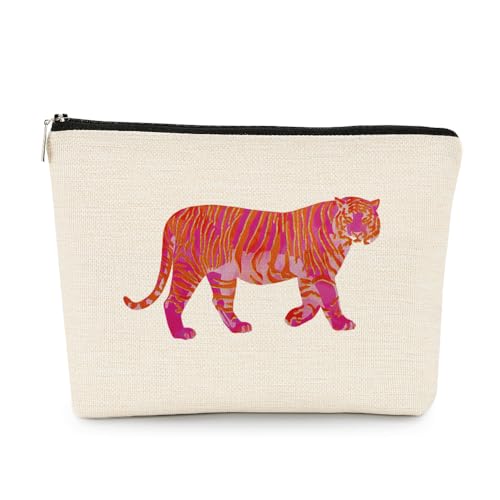 EXUQO Kleine Make-up-Tasche mit aufgesetztem Tiger, Geschenk für Teenager, Mädchen, rosa Tiger, Kosmetiktasche für Damen, Tochter, Schwester, Reißverschluss-Tasche, Reisetasche von EXUQO