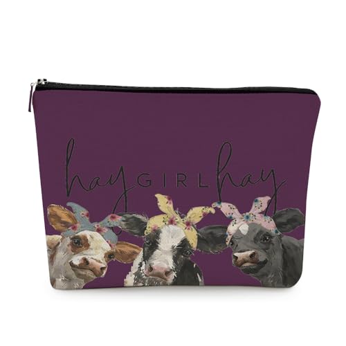 EXUQO Kosmetiktasche mit Küh-Motiv, kleine Make-up-Tasche für Frauen, Motiv: Heu, Mädchen, Heu, Kosmetiktasche, Westernkuh, Kuh-Themen, Make-up-Kosmetiktasche für Kühe-Liebhaber (lila) von EXUQO