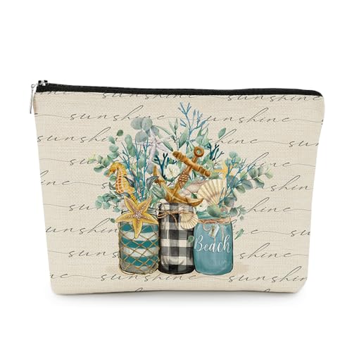 EXUQO Make-up-Tasche für Damen, Motiv: Sommer-Sonnenschein, Strand, blaue Vase, Blumenmuster, kleine Kosmetiktasche für Damen, Sommergeschenk, Reißverschluss-Tasche für Mutter, Schwester, Freundin, von EXUQO