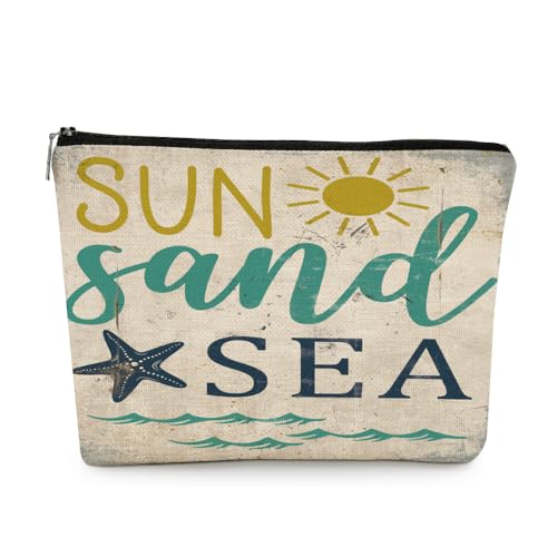 EXUQO Sommer-Make-up-Tasche, Retro-Stil, Strand, Sonne, Sand, Meer, kleine Kosmetiktasche für Damen, Vintage-Stil, Seestern, Ozean, Reißverschluss, für Mutter, Schwester, Freundin, Geburtstagsgeschenk von EXUQO