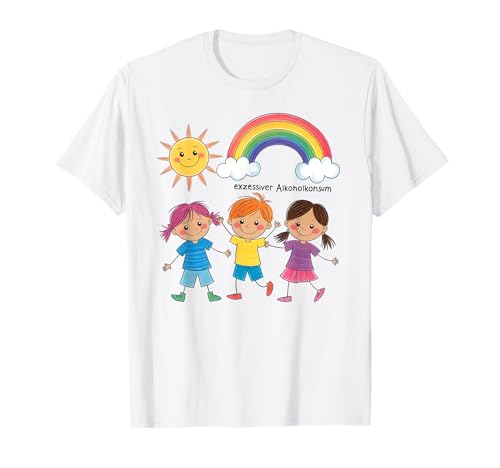 EXZESSIVER ALKOHOLKONSUM X Lustige Kinder Zeichnung T-Shirt - Multicolored - Unisex - Kurzarm - T-Shirt - Cartoon - Regenbogen - Party - Klein - EU S - Klassisch - V-Ausschnitt von EXZESSIVER ALKOHOLKONSUM X Lustig Kinder Zeichnung