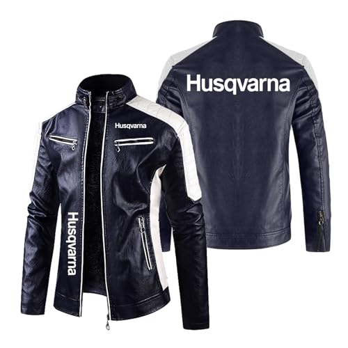 EXitv Winddichte Herren-Motorradjacke Für H.u.s.q.v.a.r.n.a PU-Leder-Radtrikot Motorradmäntel Stehkragen Rennanzug Bedruckt Lederbekleidung-Dark blue||XL von EXitv