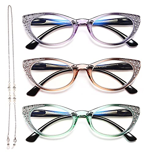 EYEURL Cateye Lesebrille für Damen 3er-Pack Blaulichtfilter Brille Computerbrille Katzenauge Lesebrille mit sehstärke strass mit Federscharnier 1.25 von EYEURL