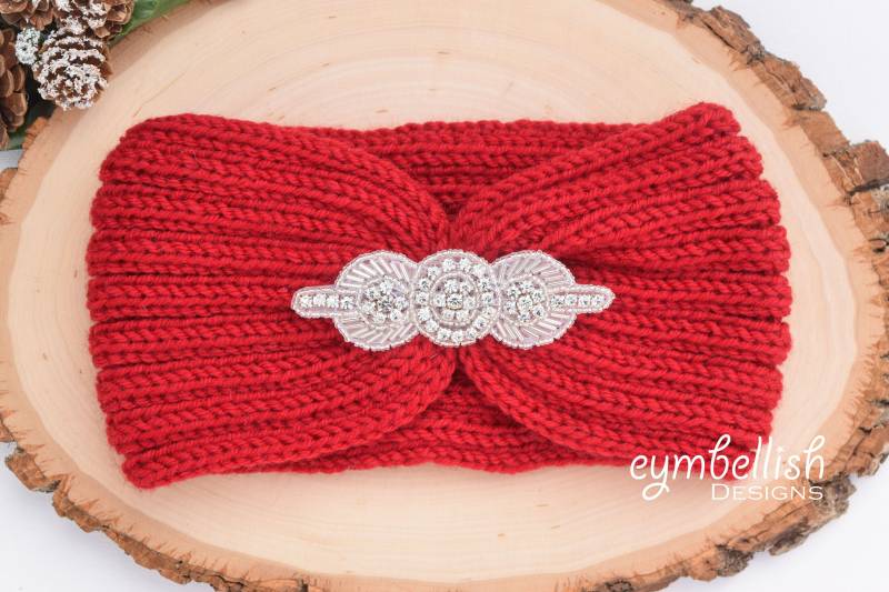 Strass Strick Stirnband, Verschönert Ohrwärmer, Weihnachtsgeschenk, Häkel Stirnband Mit Applikation, Winter von EYMbellishDesigns