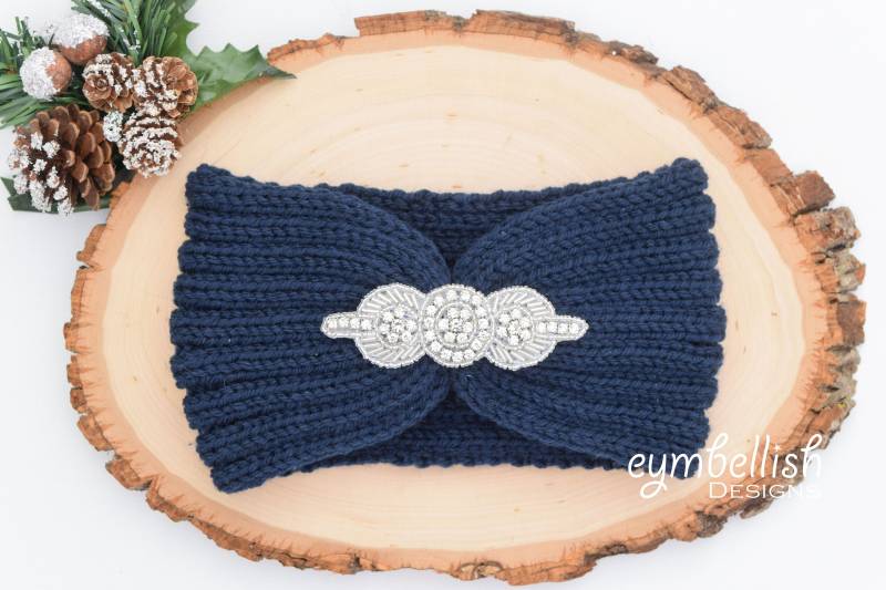 Strass Strick Stirnband, Verschönert Ohrwärmer, Weihnachtsgeschenk, Häkel Stirnband Mit Applikation, Winter von EYMbellishDesigns