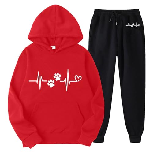 EYNMVR Damen-Hosen-Sets, zweiteilige Outfits, Herz-Aufdruck, süßes passendes Set, Langarm-Hoodie, Übergröße, trendige Sweatsuits Karate Kinder Anzug (4-Red, S) von EYNMVR