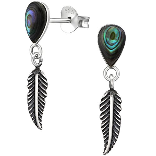 EYS JEWELRY Ohrstecker Damen Tränen Tropfen mit Federn 925 Sterling Silber Abalone Paua Muschel grün-blau Damen-Ohrringe von EYS JEWELRY