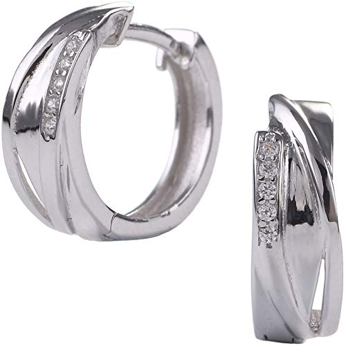 EYS JEWELRY Damen-Creolen 925 Sterling Silber rhodiniert Zirkonia weiß 14 mm Damen-Ohrringe im Schmuck-Etui von EYS JEWELRY