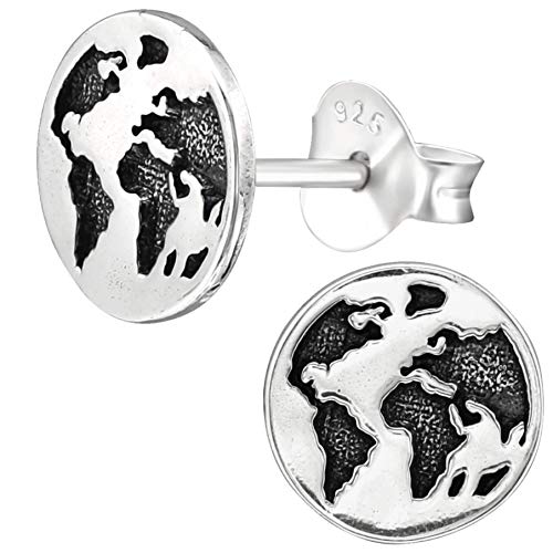 EYS JEWELRY Weltkarte Ohrringe Silber 925 Damen oxidiert Weltkugel 8 mm Ohrstecker Schmuck Geschenke für Frauen im Schmucketui von EYS JEWELRY