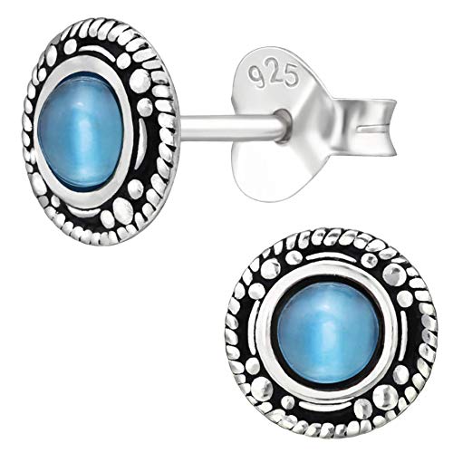 EYS JEWELRY Ohrringe Silber 925 Damen rund blau Ohrstecker Katzenauge oxidiert 7mm Vintage Schmuck Geschenke für Frauen im Schmucketui von EYS JEWELRY