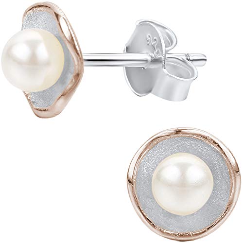 EYS JEWELRY Damen-Ohrstecker Blume 925 Sterling Silber rhodiniert rosé-vergoldet Glas-Perle weiß 8 mm Damen-Ohrringe im Schmuck-Etui von EYS JEWELRY