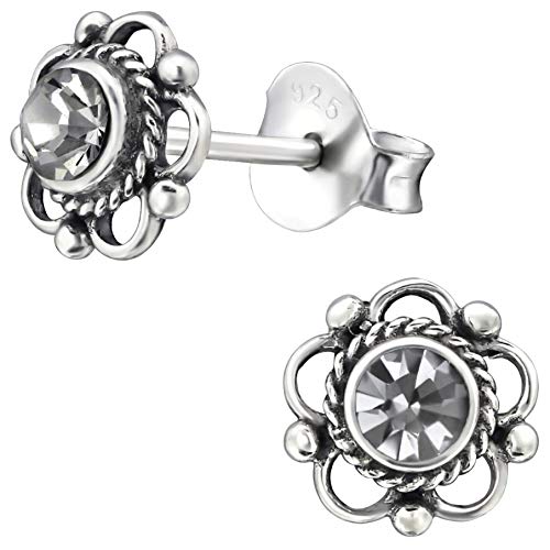 EYS JEWELRY Damen Ohrringe Blume Blüte 925 Sterling Silber oxidiert Glitzer Kristalle 7 mm Ohrstecker Damenohrringe Damenohrstecker von EYS JEWELRY