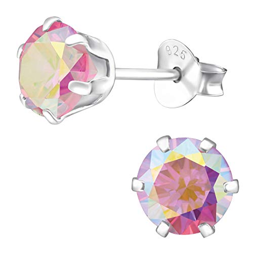 EYS JEWELRY runde Damen Ohrringe Silber 925 - mit funkelnden Zirkonia Kristallen - 6 mm regenbogen-rosa - Ohrstecker Stecker von EYS JEWELRY