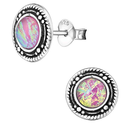 EYS JEWELRY Opal Ohrringe Silber 925 Damen Ohrstecker rund oxidiert pink 9 mm Vintage Stecker Schmuck Geschenke für Frauen im Schmuckeui von EYS JEWELRY