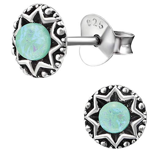 EYS JEWELRY Opal Ohrringe Silber 925 Damen Ohrstecker rund oxidiert 6 mm Vintage Stecker Schmuck Geschenke für Frauen im Schmuckeui von EYS JEWELRY