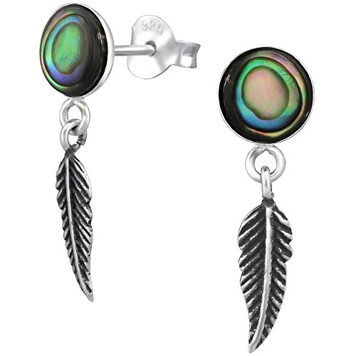 EYS JEWELRY Ohrstecker Damen Rund mit Federn 925 Sterling Silber Abalone Paua Muschel grün-blau Damen-Ohrringe von EYS JEWELRY