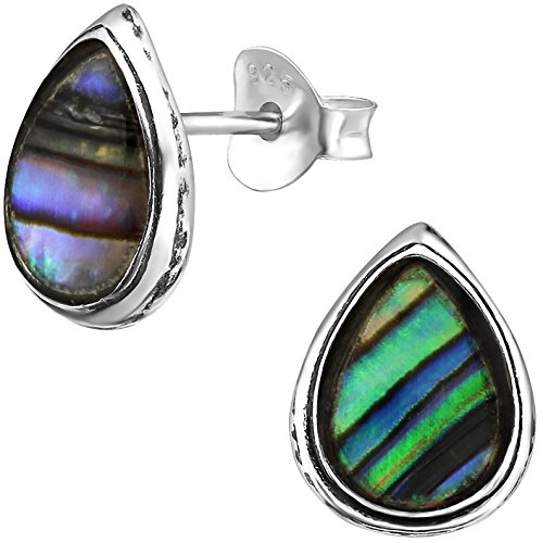 EYS JEWELRY Ohrstecker Damen Träne Tropfen 925 Sterling Silber oxidiert Abalone Paua Muschel grün-blau Damen-Ohrringe von EYS JEWELRY