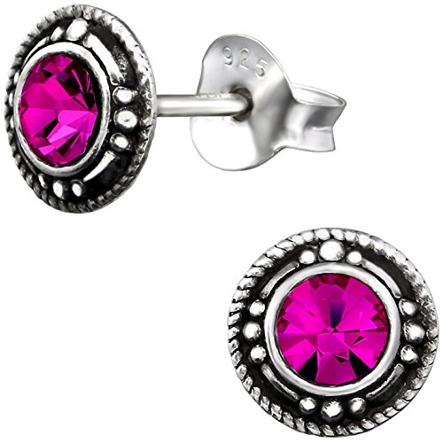 EYS JEWELRY Ohrstecker Damen rund 925 Sterling Silber oxidiert Glitzer-Kristalle pink-fuchsia Damen-Ohrringe von EYS JEWELRY