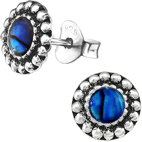 EYS JEWELRY Ohrstecker Damen rund 927 Sterling Silber oxidiert Abalone Paua Muschel blau Damen-Ohrringe von EYS JEWELRY