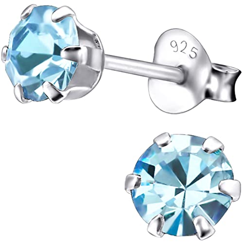 EYS JEWELRY Damen Ohrstecker 925 Sterling Silber – 5 mm runde Zirkonia Kristalle in Aquamarinblau – Klassische Silber Ohrringe für Frauen von EYS JEWELRY
