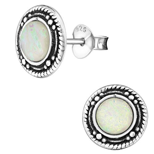 EYS JEWELRY Opal Ohrringe Silber 925 Damen Ohrstecker rund oxidiert weiß 9 mm Vintage Stecker Schmuck Geschenke für Frauen im Schmuckeui von EYS JEWELRY