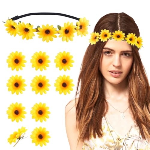 EYVRPAU 10 Haarspangen Blumen Haarband Sonnenblumen Stirnband Gänsenblümchen Haarschmuck Haarreif Blumenkranz Kopfschmuck Damen Mädchen Strand Hochzeit Reise Karneval Party (Gelb) von EYVRPAU