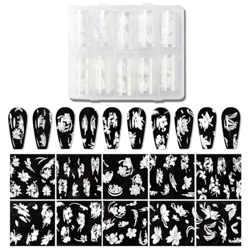 EYVRPAU 10 Rolle Weiße Blumen Nagelfolie Transferpapier Spitze Blume Transferfolie Nagelsticker Schmetterling Nagelfolien Nagelaufkleber Nail Art Flowers Transfer Aufkleber Nail Sticker von EYVRPAU