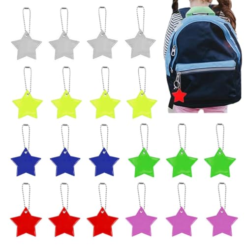 EYVRPAU 20 PCS Sicherheits Reflektor Anhänger Stern Schlüsselanhänger Kinder Reflektor Anhänger für Puppensitze Rucksack Handtasche Jacken Rollstuhl Gehen Laufen Mitgebsel von EYVRPAU