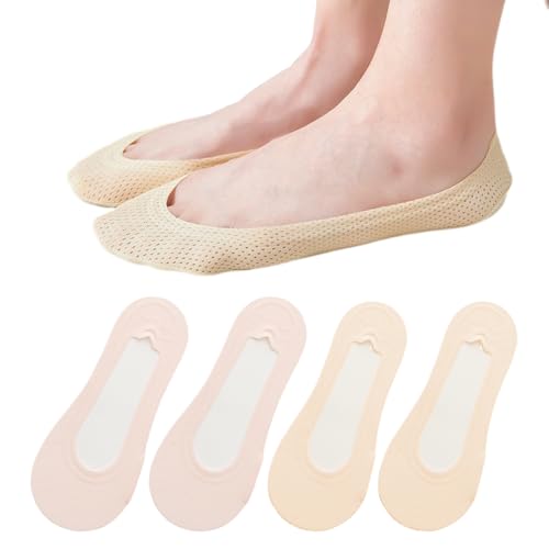 EYVRPAU 4 Paar Damensocken No-Show-Socken, Nylon, leichtes Mesh, atmungsaktive unsichtbare Sportsocken mit rutschfestem Silikon, weiche eisige Baumwoll-Ballettsocken für Fächerschuhe Loafers von EYVRPAU