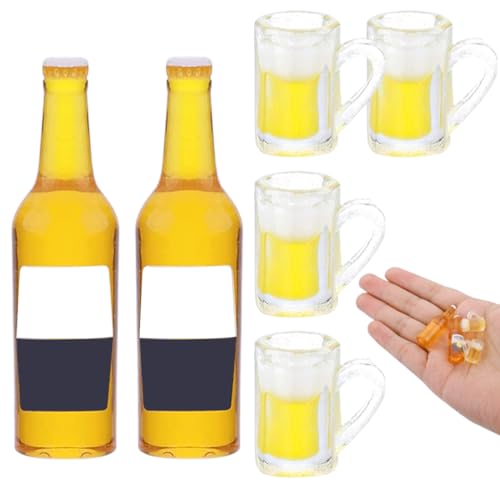 EYVRPAU 4 Stück Mini Becher mit 2 Stück Bierflaschen Realistisches Bierglas Modell Puppenhaus Zubehör,Miniatur Puppenhaus Bierbecher Flaschen Set von EYVRPAU