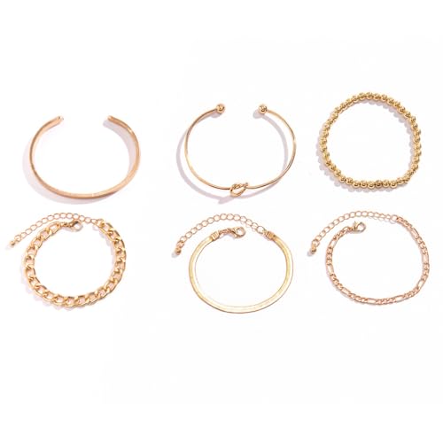 EYVRPAU 6 Stück Vergoldet Stapelbares Verstellbares Mehrlagiges Armbänder Set Kettenarmband Armreif Charm Armband für Damen Mädchen (Gold) von EYVRPAU