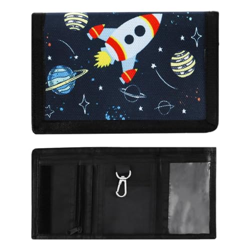 EYVRPAU Kinder Geldbeutel mit Klettverschluss, Metallkette, Kordelzug, Gold Schein- und Münzfach, Faltbares Weltraum-Element Portemonnaie für Kinder (8 x 12 cm) von EYVRPAU