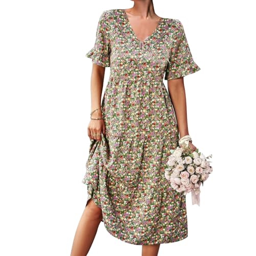 EYYECAN Damen-Sommerkleid, lässig, V-Ausschnitt, Rüschenärmel, gesmokt, hohe Taille, Midi-Kleid, Grün , Groß EYYECAN Damen-Sommerkleid, lässig, V-Ausschnitt, Rüschenärmel, gesmokt, hohe Taille, Midi-Kleid, Grün , Groß von EYYECAN