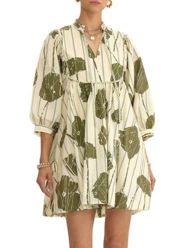EZAPINE Damen-Babydoll-Minikleid mit Blumenmuster, V-Ausschnitt, 3/4-Puffärmel, A-Linie, fließendes Swing-Sommerkleid, Grün , Klein von EZAPINE