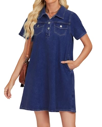 EZAPINE Damen-Denim-Hemdkleid, Sommerkleid, V-Ausschnitt, Mini-Jeanskleider mit Taschen, Marineblau, X-Groß von EZAPINE
