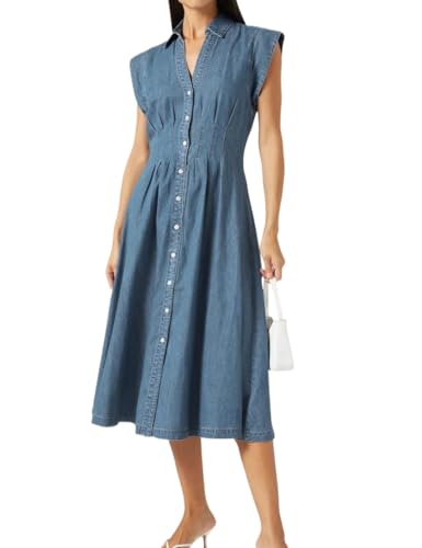 EZAPINE Damen Sommer Denim Hemdkleid Revers V-Ausschnitt Flügelärmel Jeanskleid Knopfleiste A-Linie Lange Kleider, Blau, Mittel von EZAPINE