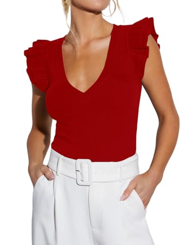 Ezbelle Ärmelloses Damen-Top, V-Ausschnitt, Rüschenhemden, geripptes Strick-Tanktop, sexy Bluse, Damenbekleidung 2025, Weinrot, Groß Ezbelle Ärmelloses Damen-Top, V-Ausschnitt, Rüschenhemden, geripptes Strick-Tanktop, sexy Bluse, Damenbekleidung 2025, Weinrot, Groß von EZBELLE