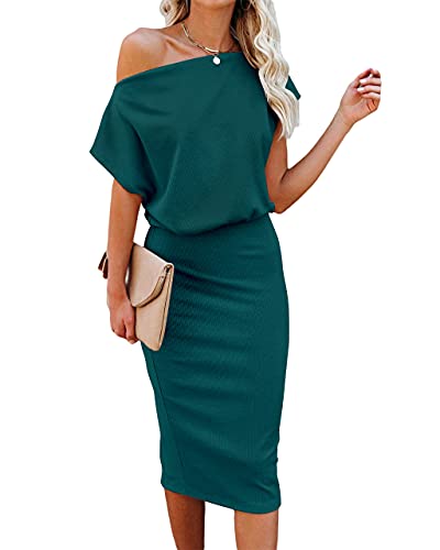 Ezbelle Damen 2023 Sommerkleid Schulterfrei Kurzarm Gerippt Casual Party Bodycon Midi Kleider, Schwarzes Grün, 34-36 von EZBELLE