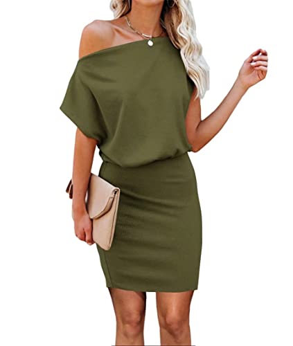 Ezbelle Damen Schulterfrei Kurzarm Gerippt Casual Sommer Hips-Wrapped Bodycon Party Minikleid, C Army Green, Mittel von EZBELLE